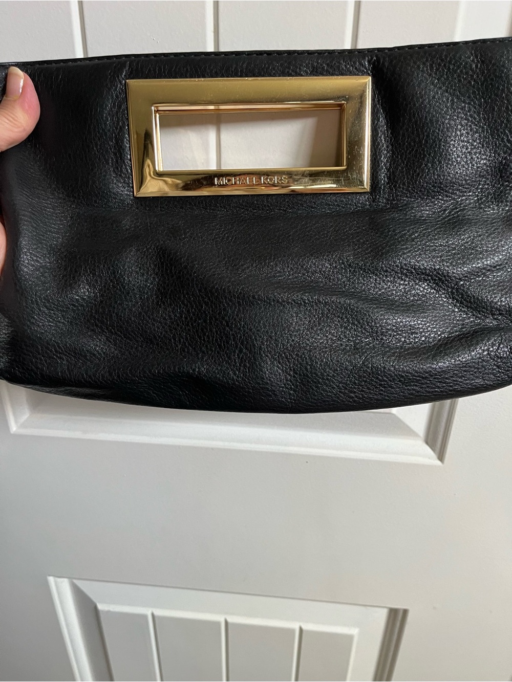 Michael Kors Black Leather Clutch with Gold Handle Detail